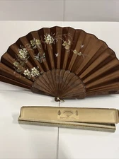 Vintage Brown Duvelleroy Flower And Butterfly Fan & Fan Container 22inch Across