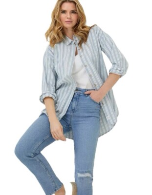 Fat Face Women's 12 Billie Stripe Longline Shirt Blue Summer Tunic Cotton Linen