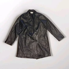 Vintage Tribeca Studio Leather Coat Womens XL Black Mid Thigh Jacket Button Up