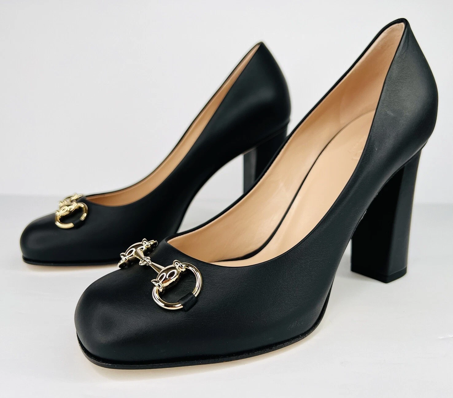 Escarpins classiques Gucci Horsebit logo talon bloc cuir noir taille EU 37,5