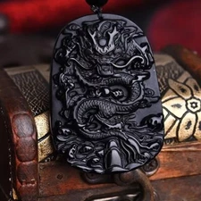 Carved Black Jade Mens Womens 24" Beaded Dragon Pendant Necklace D916