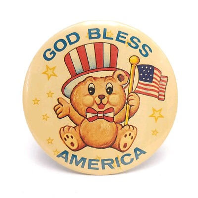 Russ Berrie God Bless America Teddy Bear Pin Pinback Button 3'' Vintage 1980