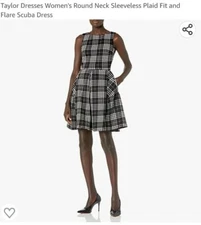 Taylor Dresses Women's Round Neck Sleeveless Plaid Fit and Flare Scuba Dress new