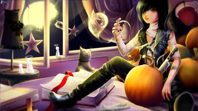 Anime girls halloween pumpkin original characters women Gaming Mat Desk Pad