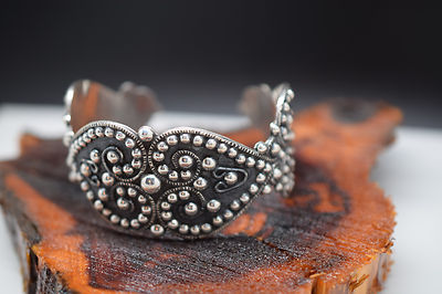 925 Sterling Silver Heart Design Scrolled and Beaded Cuff Bracelet by Elysium 8''