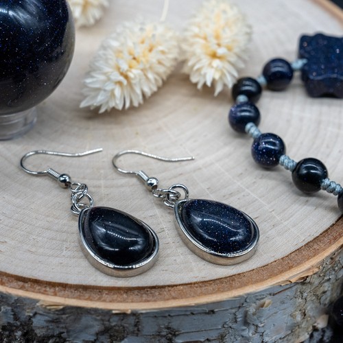 Blue Goldstone Crystal Sandstone Teardrop Earrings Silver Womens Jewelry Blue - Picture 7 of 9