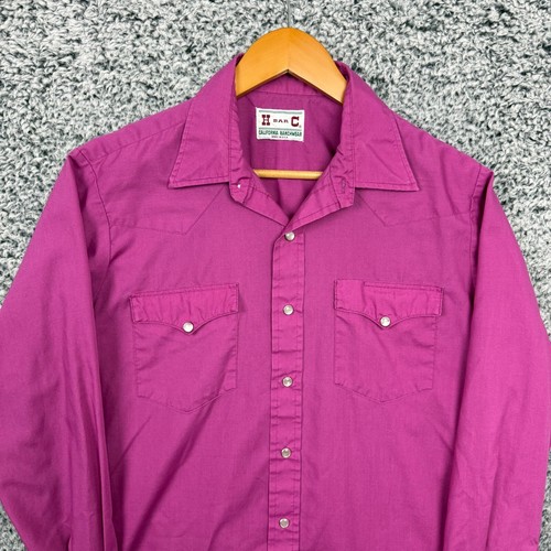 Vintage H Bar C Shirt Mens Large Magenta Pearl Snap Button Western Ranch 70s L - Picture 3 of 11