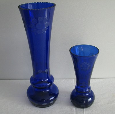 Two Blue Germany Vintage Vase Cut To Clear Lead Crystal Floral