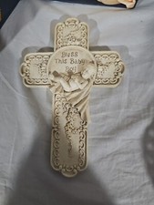 Bless This Baby Boy White Resin Wall Cross with Deluxe Gift Box Home Decor, 7 In