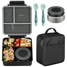 Bento Lunch Box Set for Kids with 8oz Soup Thermo, Leak-Proof Lunch Black