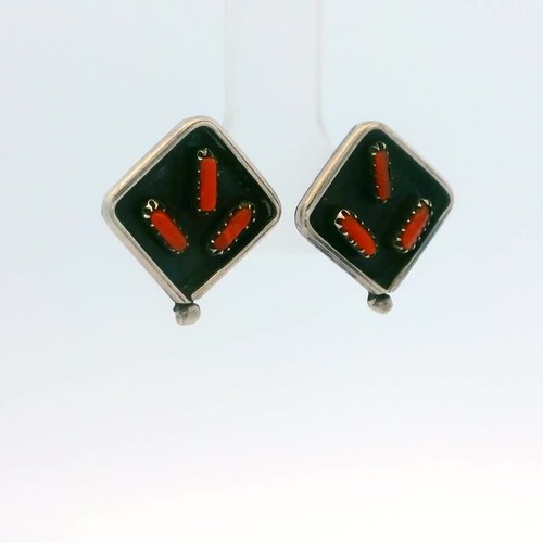 Vintage Sterling Silver Stud Earrings with Red Coral Native American - Video 1 of 1