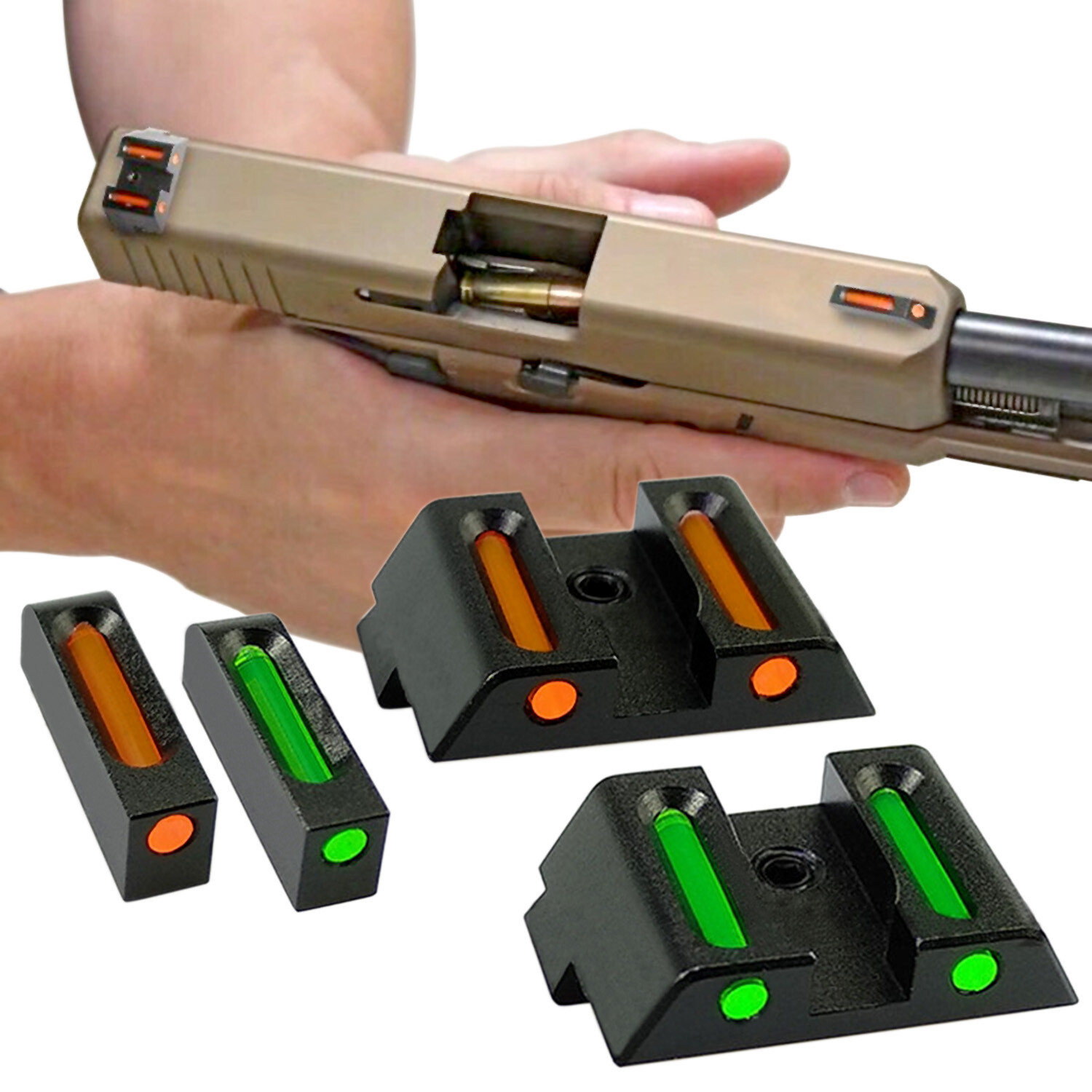 Fiber Optic Front & Rear Sight Set For Glock Pistols (17, 19, 22, 23, 26, 34, Etc.)