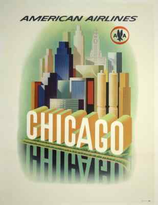 American Airlines Chicago 1950 Travel Railways Vintage Print Poster