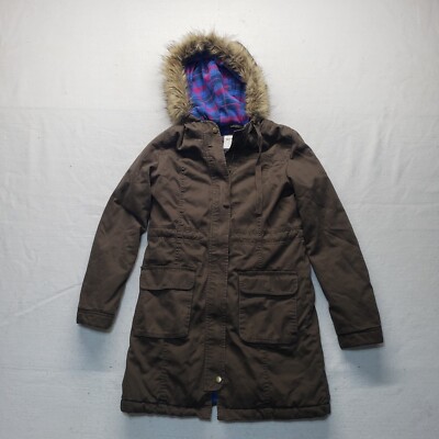 Old Navy Brown Hooded Field Long Jacket Coat Zip Front Plaid Lined