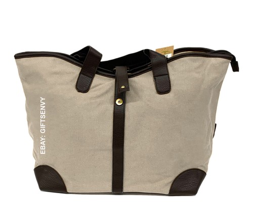 18x14 Beige Canvas Faux Leather Trim Messenger Travel Weekender Tote Handbag - Picture 5 of 8