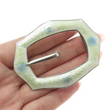 925 Sterling Silver Antique Art Deco Guilloche Enamel Flower Belt Buckle