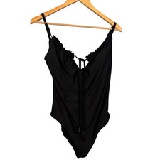 Aerie Black Full Coverage One-Piece Swimsuit Keyhole Neck Sz Large Beach Travel