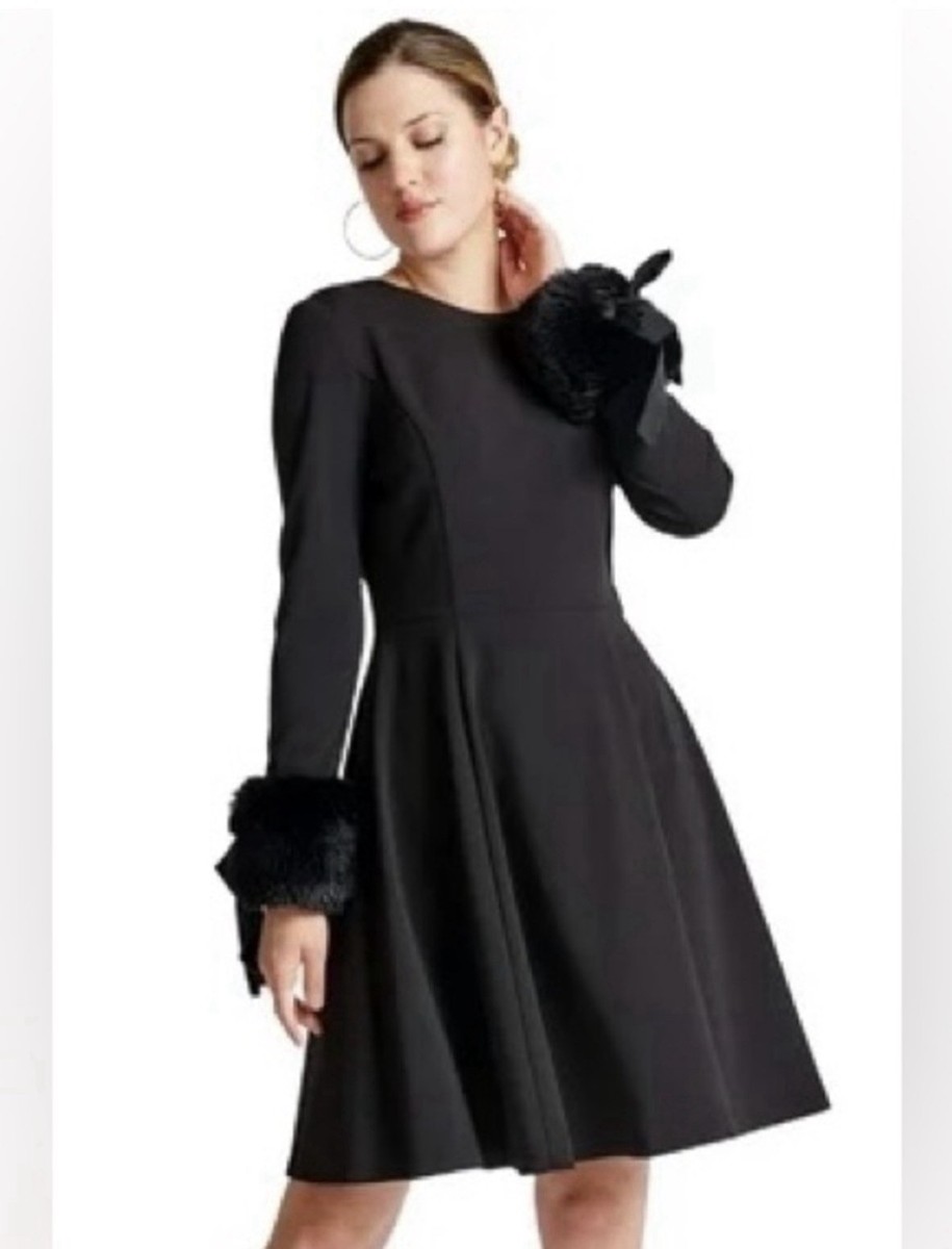 green emerald velvet dress Calvin Klein Women's Long Sleeve Fit and Flare Dress with Faux Fur Trim,  Black 2, 8 at Amazon Women's Clothing store main image 0