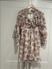 Vintage Inspired Floral Pink Roses Boho Sheer Ruffle Dress Cottagecore Size 10