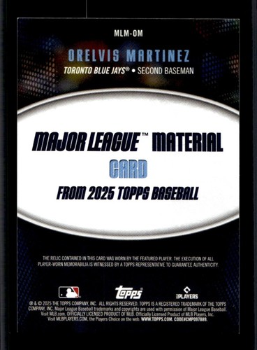 2025 Topps Major League Material Relics Orelvis Martinez Rookie #MLM-OM - Photo 2 sur 2