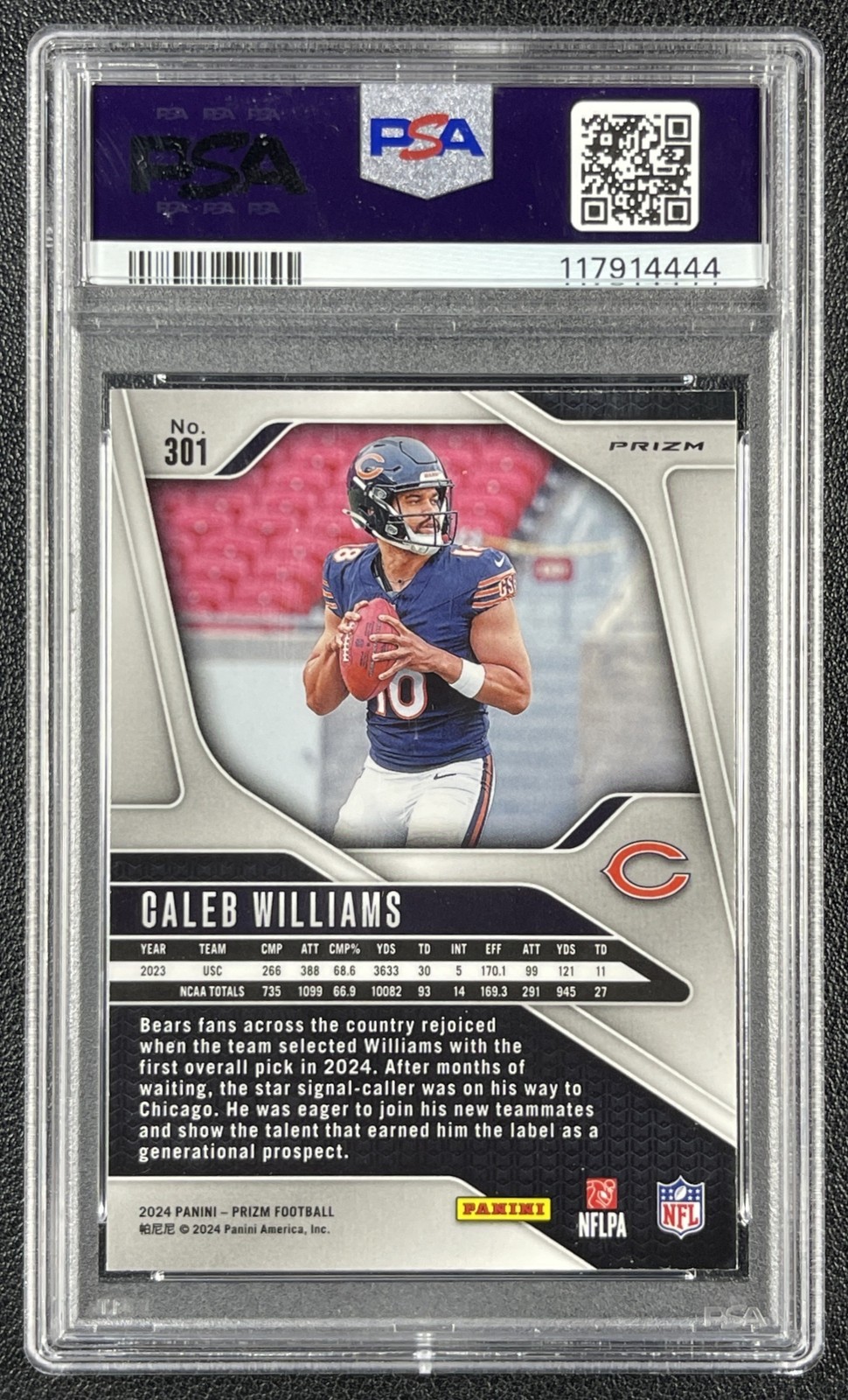 CALEB WILLIAMS PSA 10 2024 PANINI PRIZM #301 ROOKIE GREEN WAVE RC BEARS 4444 view 2