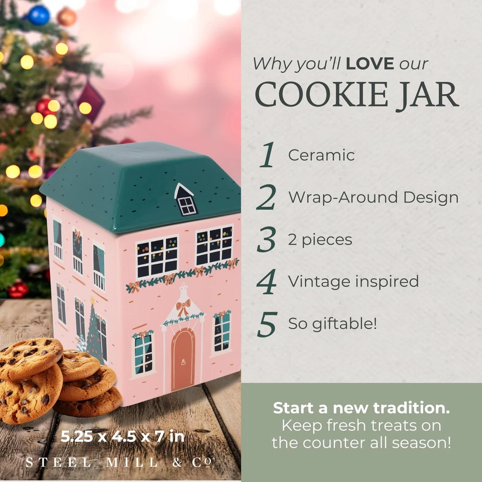 Tarro de galletas de cerámica Steel Mill & Co de 7" de alto, diseño de casa de Navidad, vacaciones... Foto 4 de 4