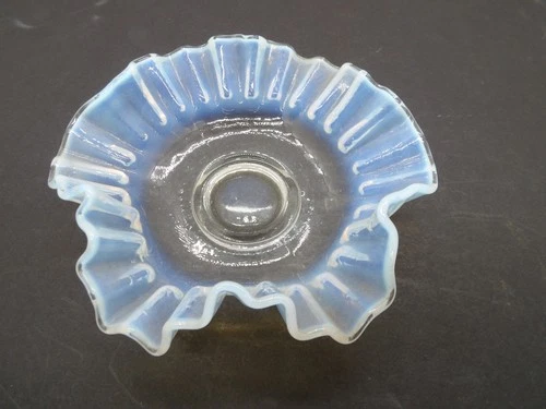 Vtg Fenton? French White/Blue Opalescent Ruffled Edge Console Dish Candle Holder