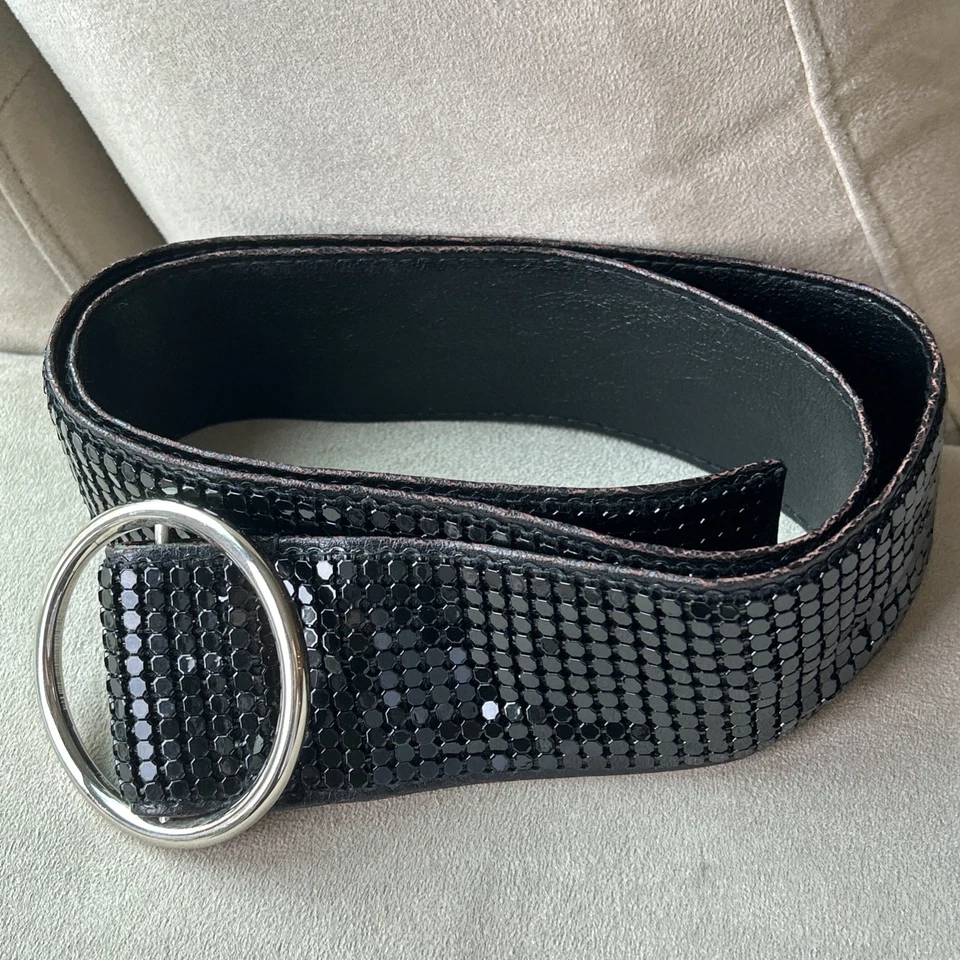Whiting & Davis Style Belt Black Metal Mesh & Leather Silver Buckle DISCO 70's - Image 4 of 4