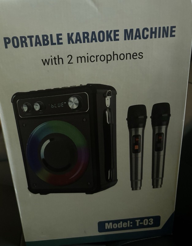 Portable Karaoke System w/ 2 Microphones, FM Radio, LED Light, Black T-03