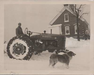 #ad #ad Farmall M Tractor Dog Rough Collie Brick House Snow Winter VINTAGE PHOTO $8.00