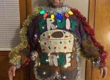 Ugly Christmas Sweater Fruit Cake Lights garland Mens Large 