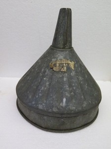 FUNNEL VINTAGE 10" LARGE GALVANIZED STEEL SEAMED AS FOUND PARTIAL LABEL NICE!