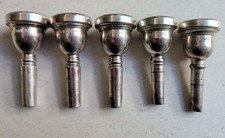 Lot: 5 Trombone Mouthpieces Vincent Bach 5G, 6 1/2 AL, 6 1/2 A, 7C, Schilke 51D