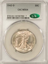 1942-D WALKING LIBERTY HALF DOLLAR - CACG MS-64, CAC APPROVED!