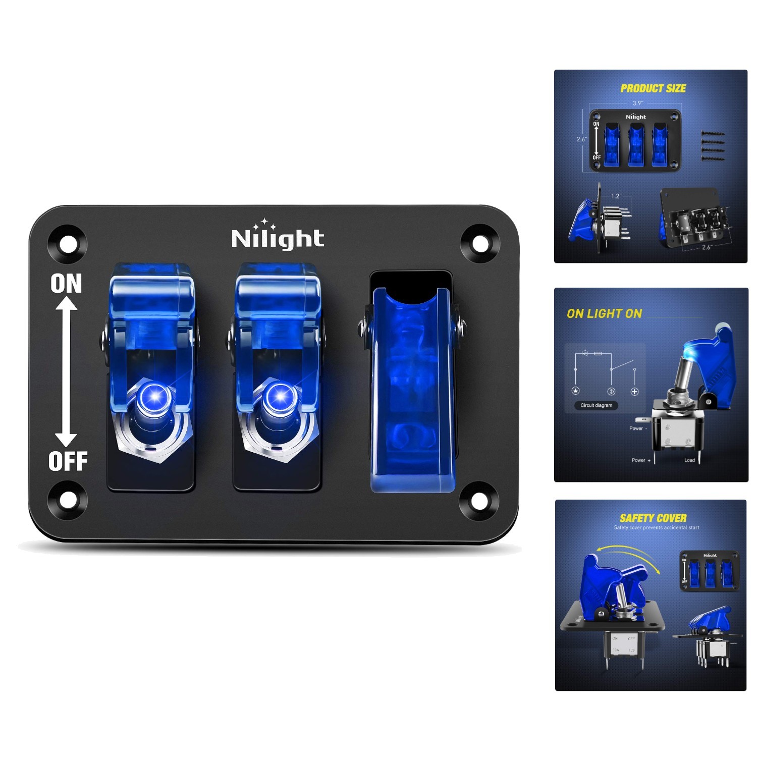 3 Gang Toggle Switch with Flip Cover & LED Light for Vehicles