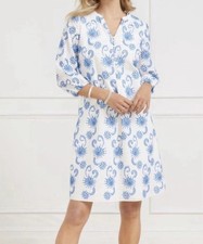 Talbots Womens Petites 10P White Blue Floral Shift Split Neck Button Dress