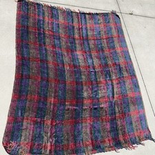 Vintage Woven Plaid Throw Blanket Jewel Tone Purple Red Green Fringed 48x61