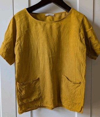 Francesca Bettini Women's M Mustard 100% Linen Top Patch Pockets Italy