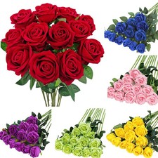 12 Bulk Artificial Roses, White Fake Flowers, Simulated Velvet Rose Bouquet