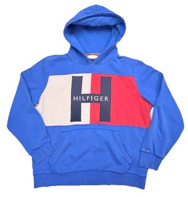 Tommy Hilfiger Hoodie Adult Large Blue Colorblock Big H Logo Pullover Sweatshirt