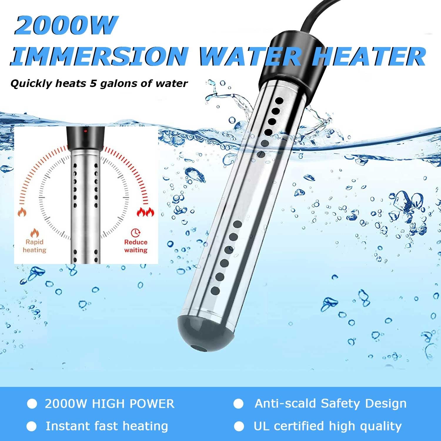Immersion Water Heater, 2000W Portable Electric Water Heater for Inflatable P...