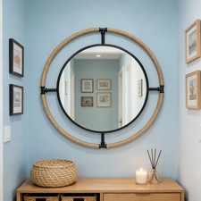 LUVODI 80cm Large Round Wall Mirror Rustic Rope Hanging Decorative Accent Mirror