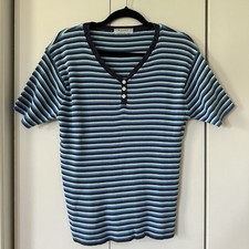 Vintage 90s/Y2K Cotton Blend Blue Striped Buttons T-Shirt from Old Navy M