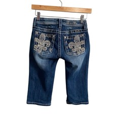 Miss Me Girls Dark Wash Bling Fleur di Lis Capri Jeans Size 12