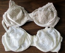 Lot of 2 Vassarette Underwire Nude Satin  White Floral Lace Bras 38C