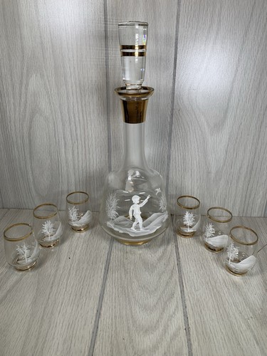 Vtg Czech Bohemia crystal decanter 6 matching glasses Hand Painted Boy Girl Bird - 第 1/12 張圖片