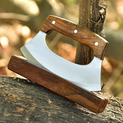 Handmade Viking Pizza Cutter Axe Ulu Knife Carbon Steel Blade Rosewood Handle