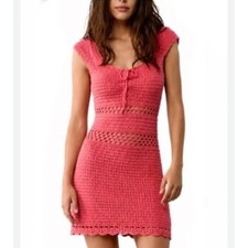 American Eagle Womens Medium Crochet Mini Dress Pink Tie Front Pointelle Boho