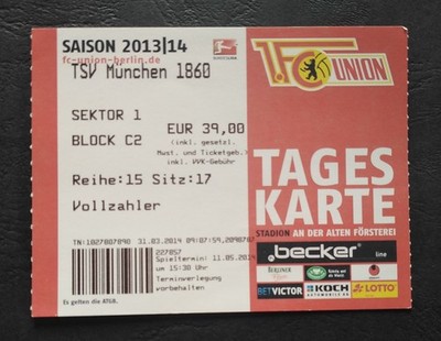 TICKET 2. Bundesliga 2013/14 Union Berlin - TSV 1860 München # 890