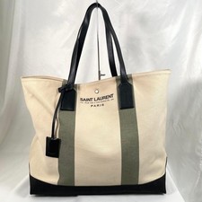 YSL Saint Laurent Tote Shoulder Handbag Bag Beige Canvas Leather Logo Women's